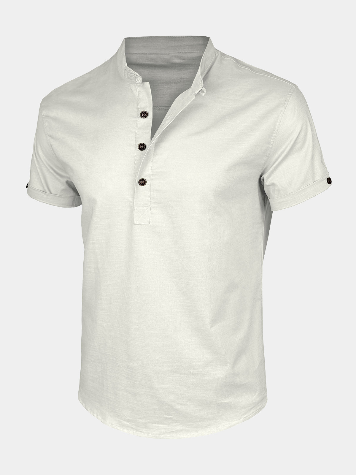 Herren Leinen Baumwolle Henley Kurzarmhemd mit Stehkragen