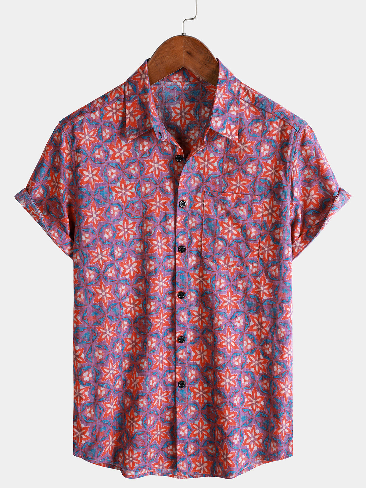 Herren Vintage Blumen Muster Kurzarmhemd