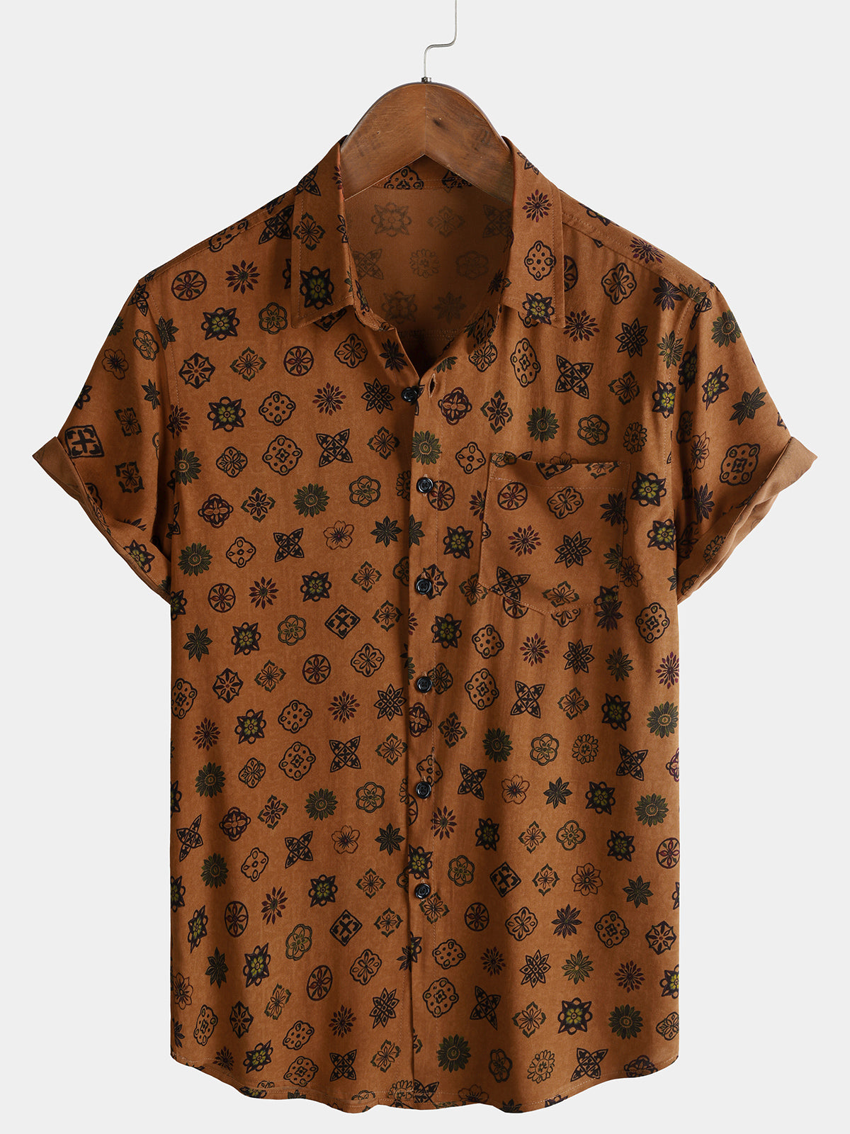 Herren Vintage Geometrisches Kurzarmhemd Orange