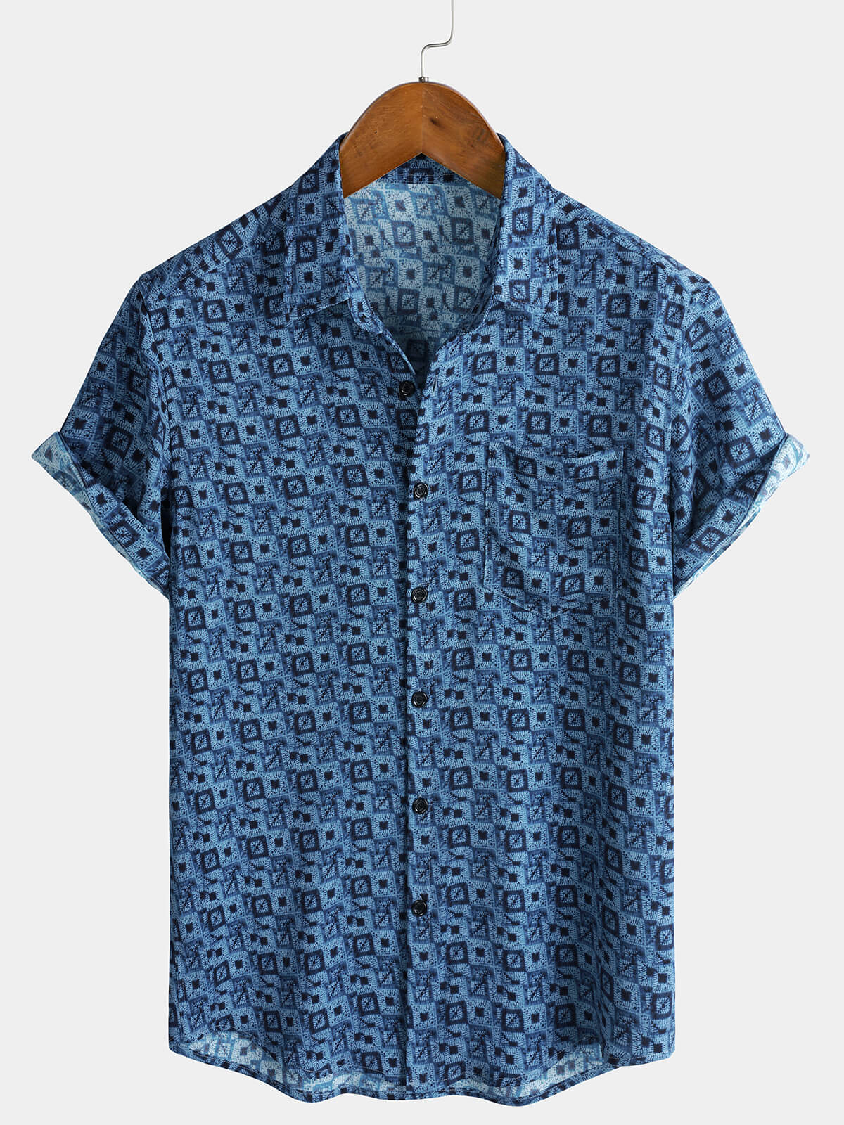 Herren Blaues Geometrie Boho Kurzarmhemd