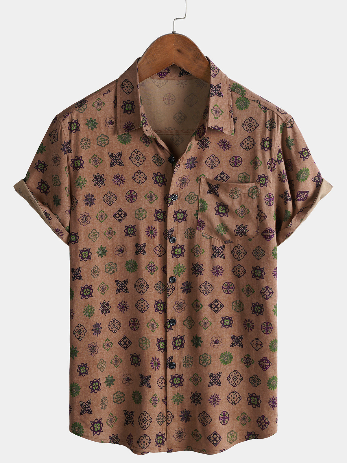 Herren Vintage Geometrisches Kurzarmhemd Kakibraun