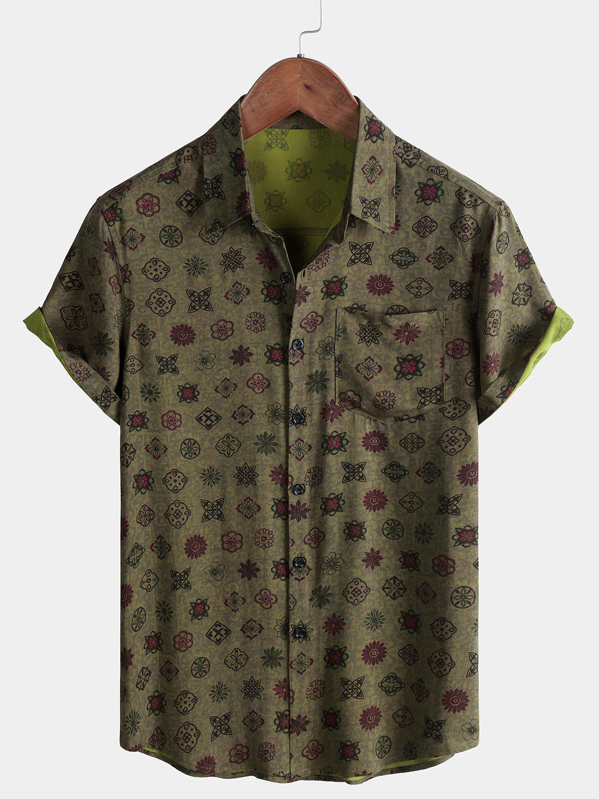 Herren Vintage Geometrisches Kurzarmhemd Grün