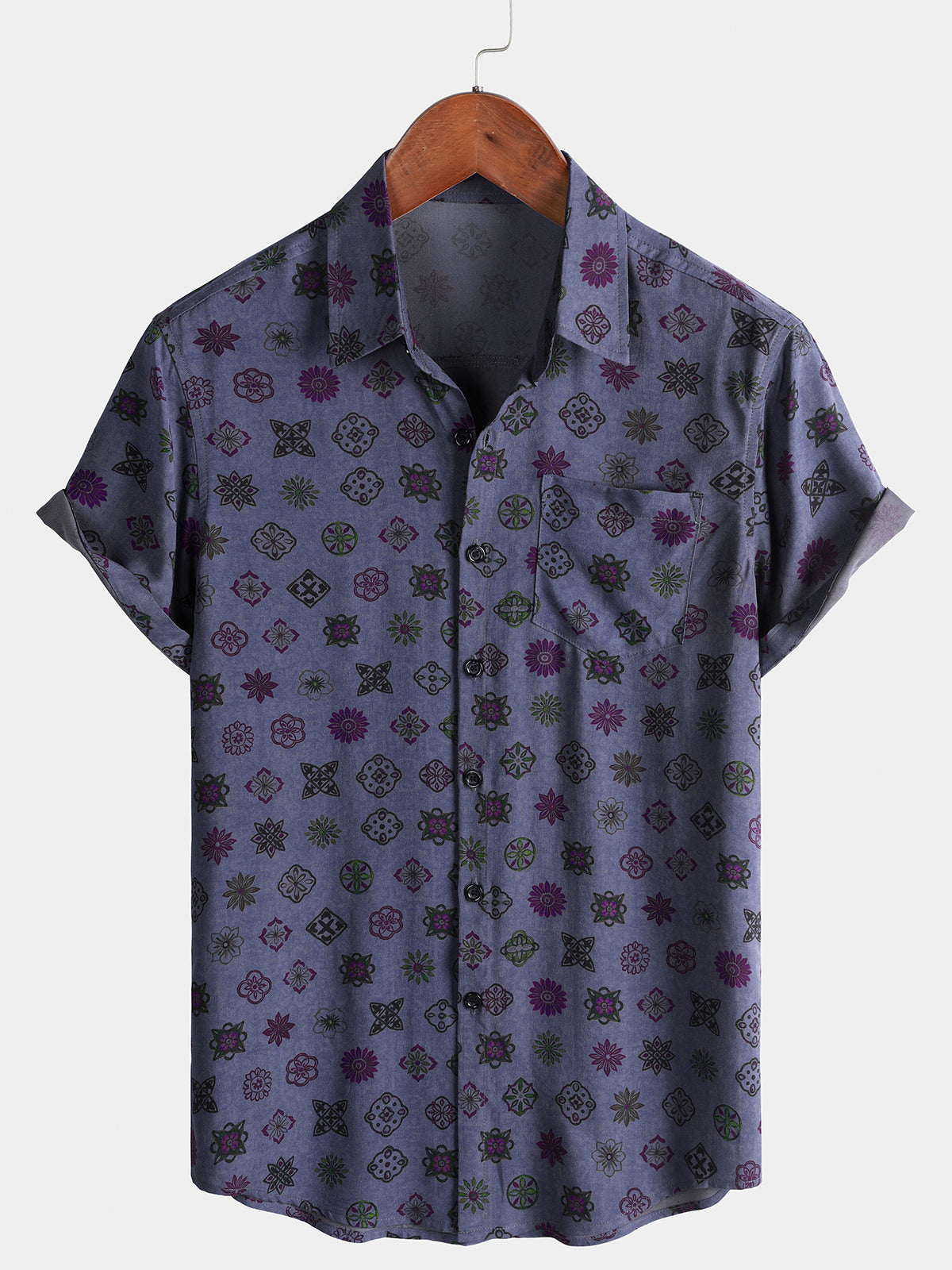 Herren Vintage Geometrisches Kurzarmhemd Lila