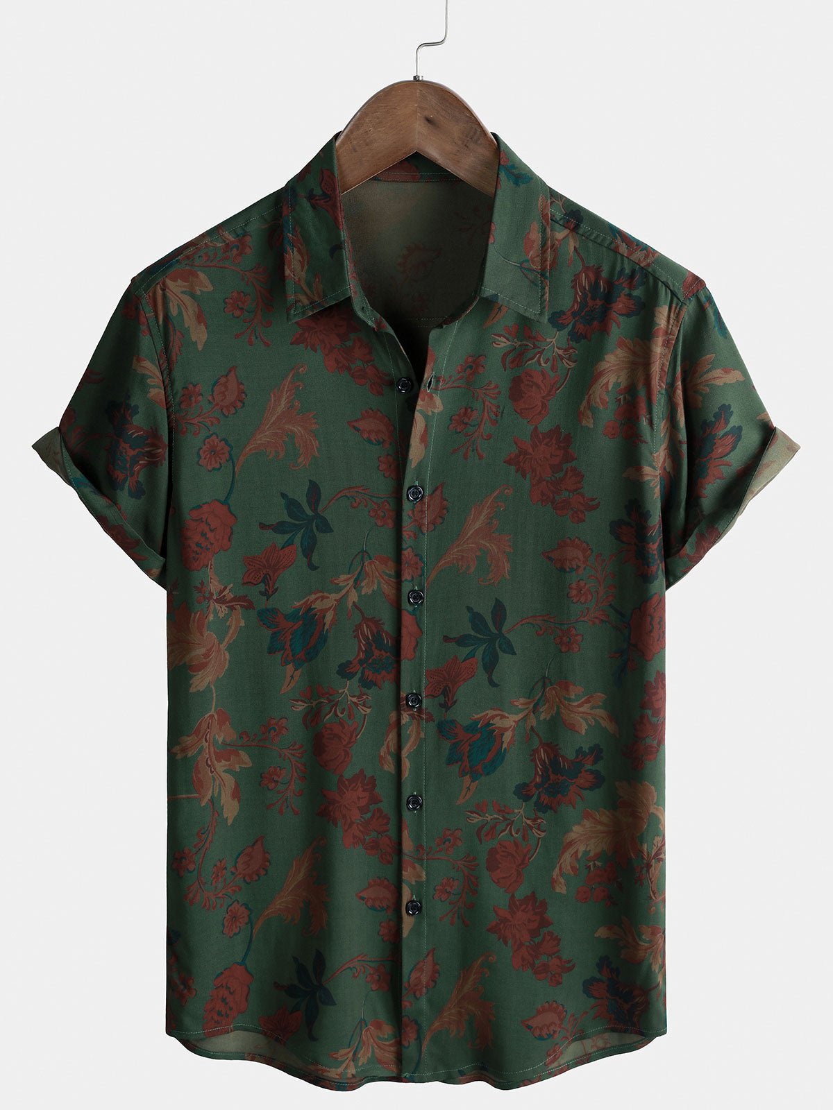 Herren Vintage-Stil mit Print und kurzen Ärmeln Sommerhemd Grün