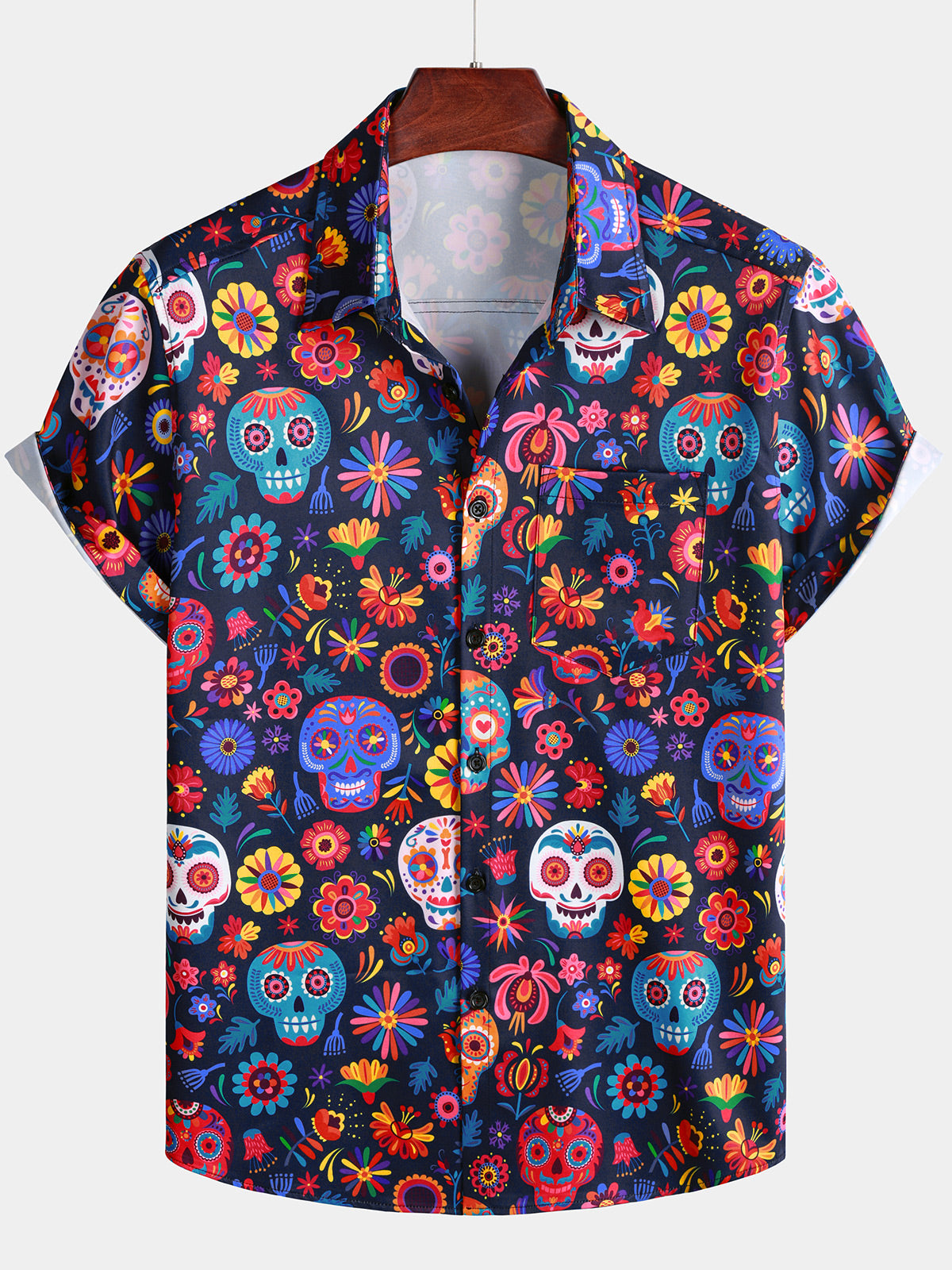 Herren Blaues Totenkopf Punk Rockhemd Retro Hawaii