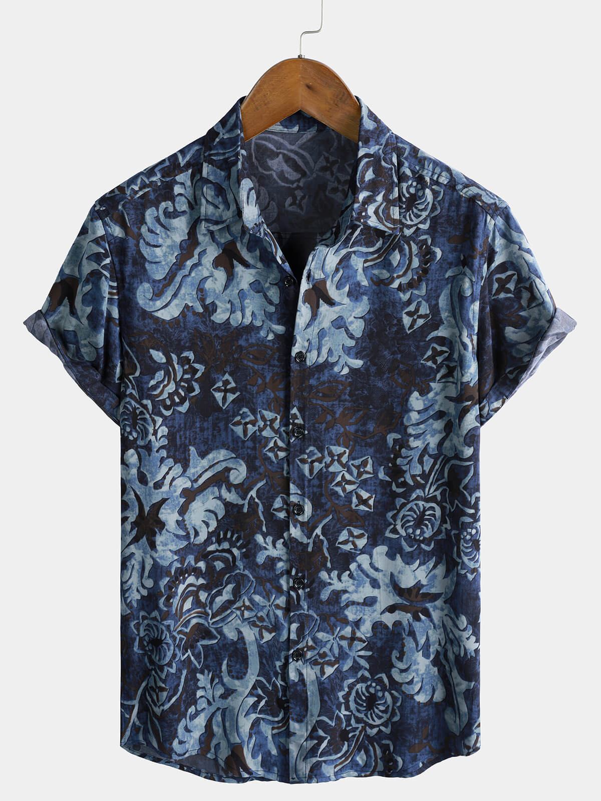 Herren Vintage Blumenmuster Kurzen Ärmeln Blaues Freizeithemd
