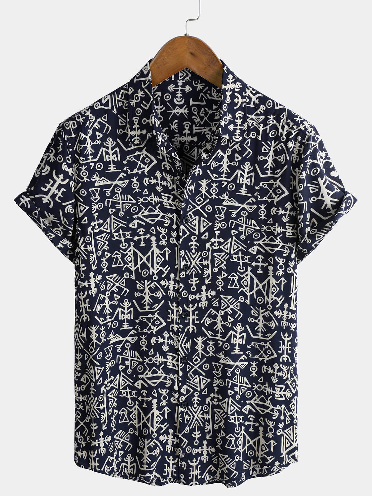 Herren Marineblau Boho-Stil Tribal Print Kurzarmhemd