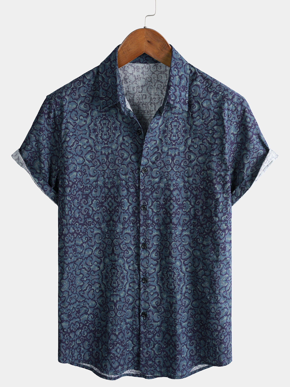 Herren Blaues Retro Muster Kurzarmhemd