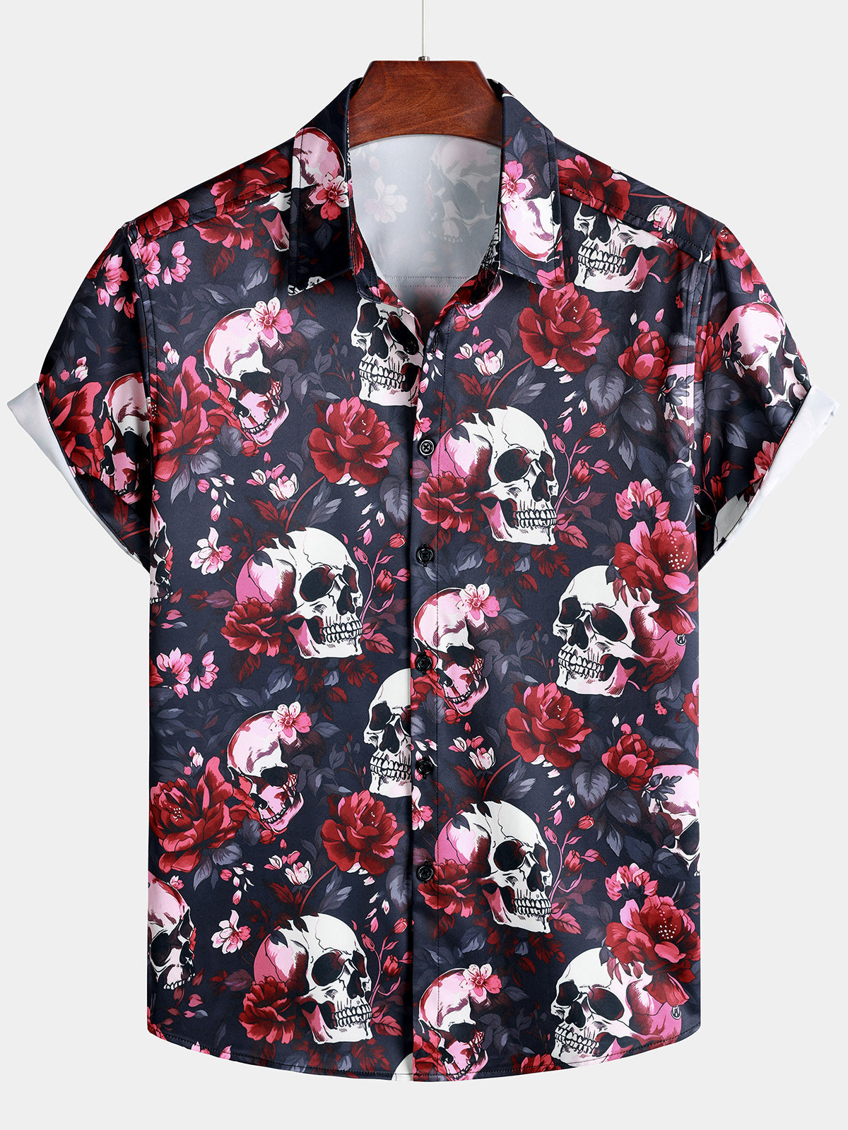 Herren Punk Totenkopf Blumen Strandhemd