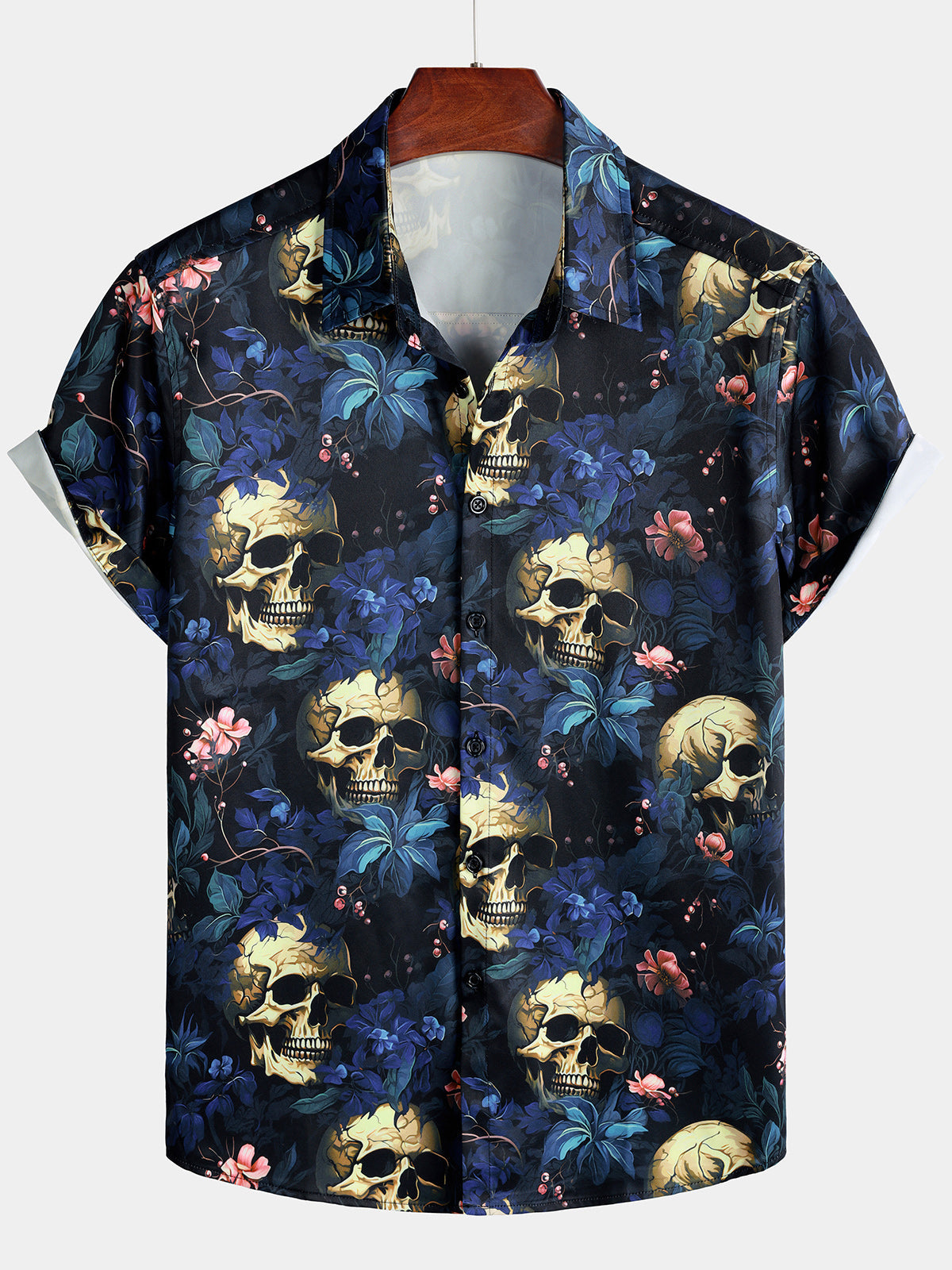 Herren Gold Totenkopf Blumen Kurzarmhemd