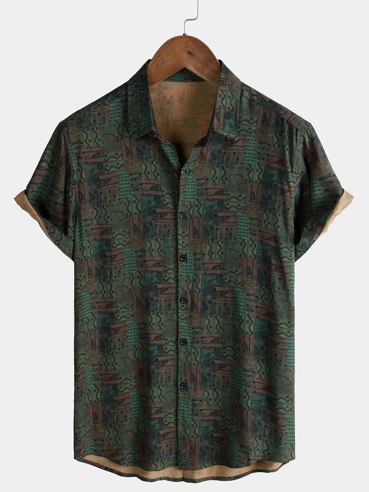 Herren Grünes Vintage Geometrie Print Kurzarmhemd