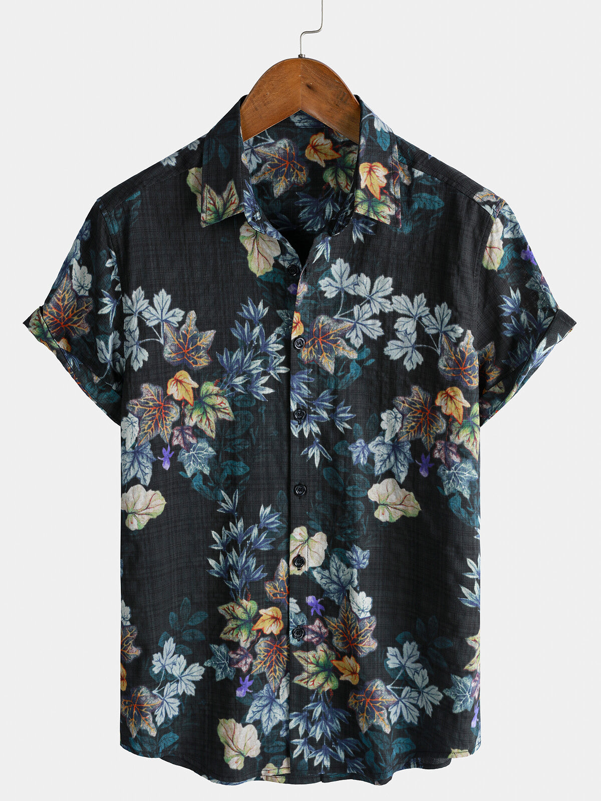 Herren Schwarzes Aquarell Blätter Resorthemd