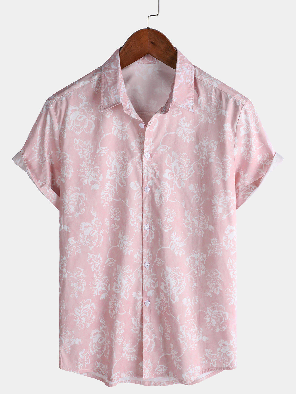 Herren Hawaiihemd Rosa Baumwolle Blumenmuster Strand