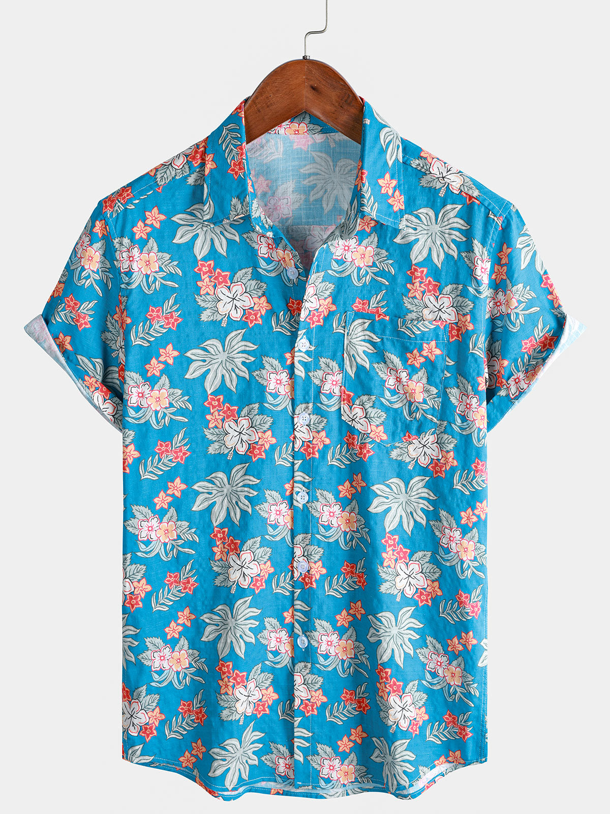 Herren Blaues Tropisches Blumen Strandhemd