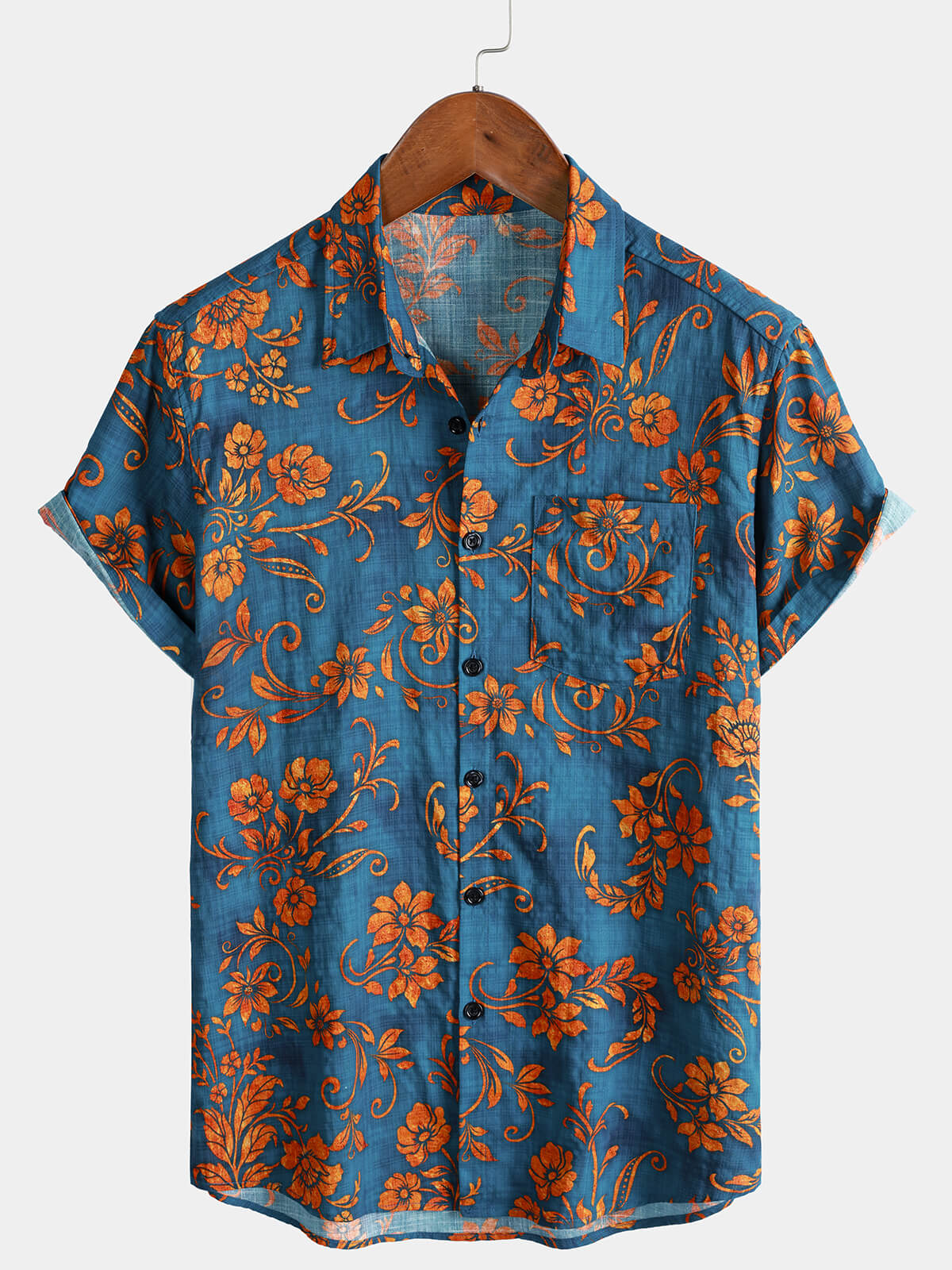 Herren Blaues Blumen Boho Resorthemd