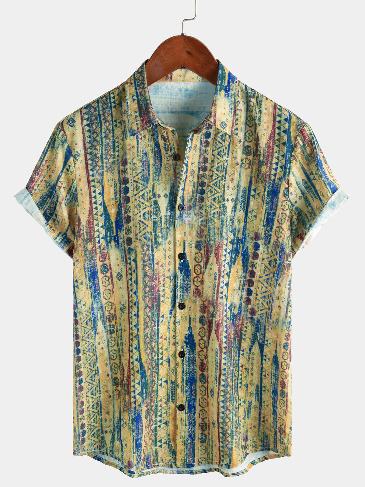 Herren Gelb gestreiftes Kurzarmhemd aus Baumwolle