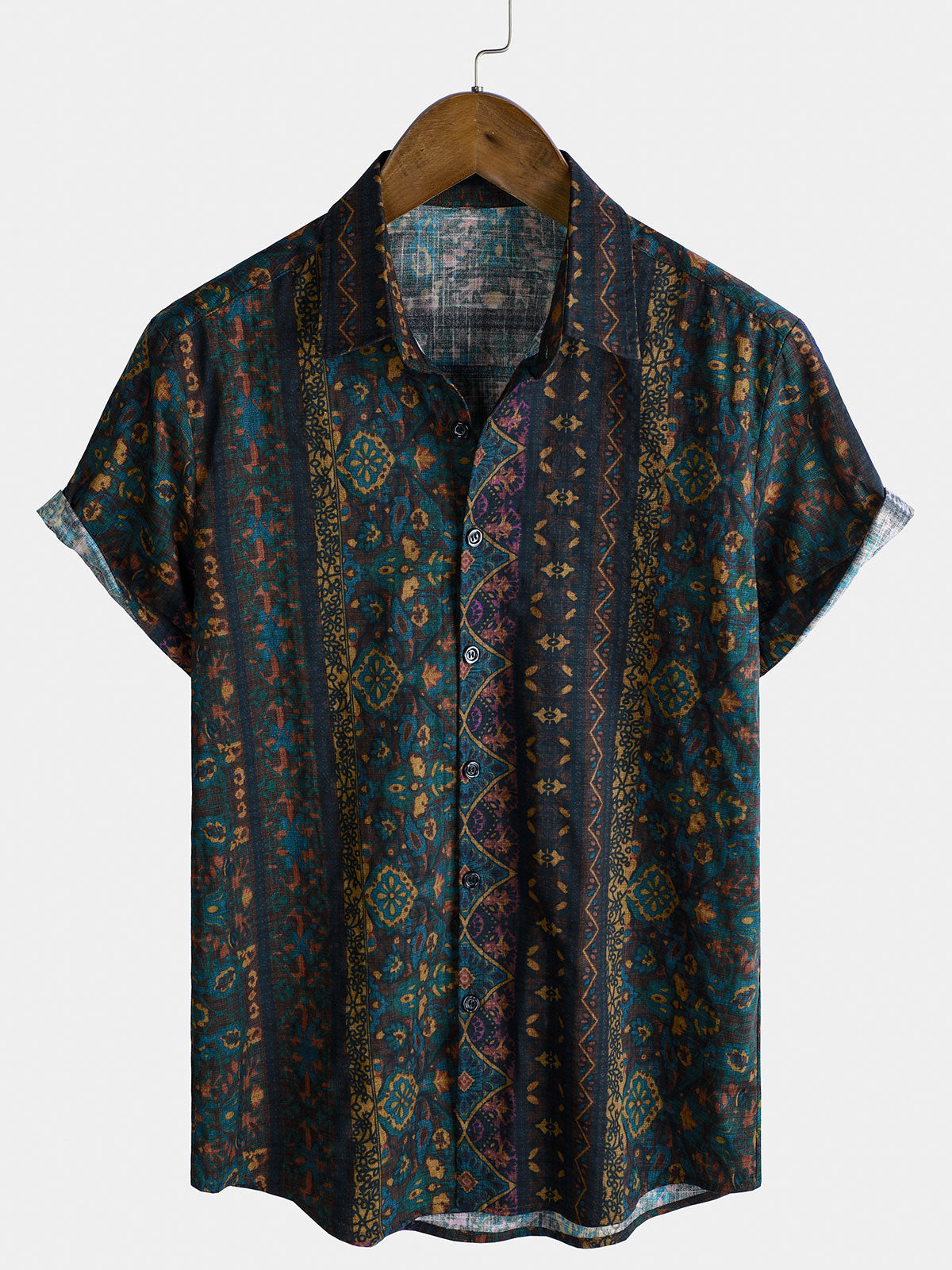 Herrenhemd im Boho-Retro-Stil mit Blumenmuster und Streifen