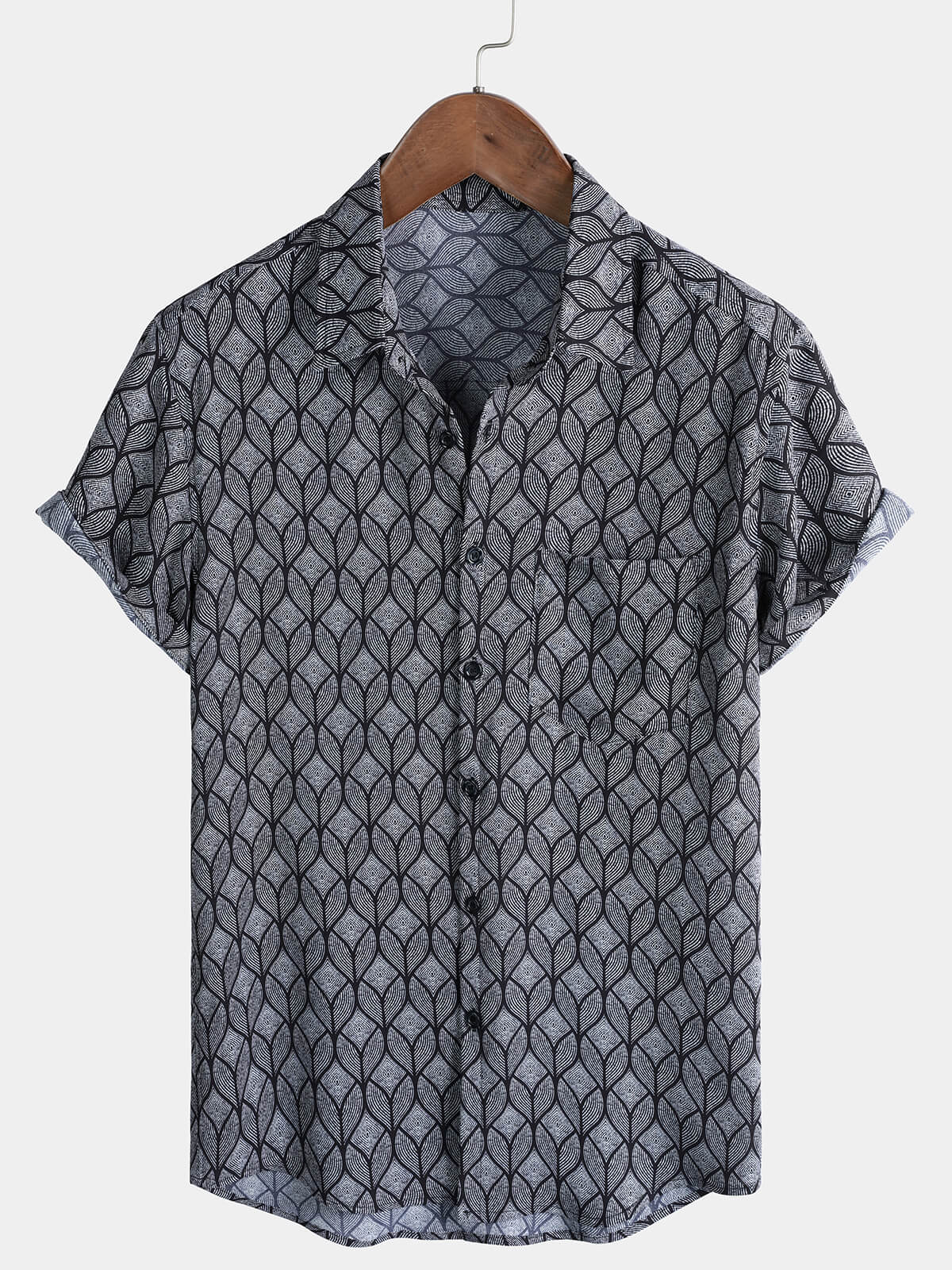 Herren Schwarzes Retro Geometrie Kurzarmhemd