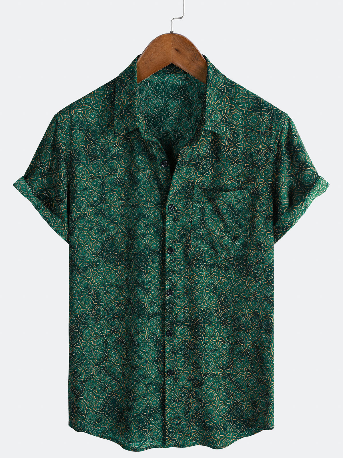 Herren Grünes Geometrischem Muster Vintage-Stil Freizeithemd