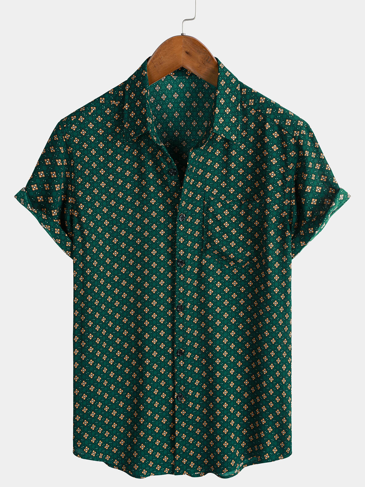 Herren Grünes Rauten Boho Kurzarmhemd