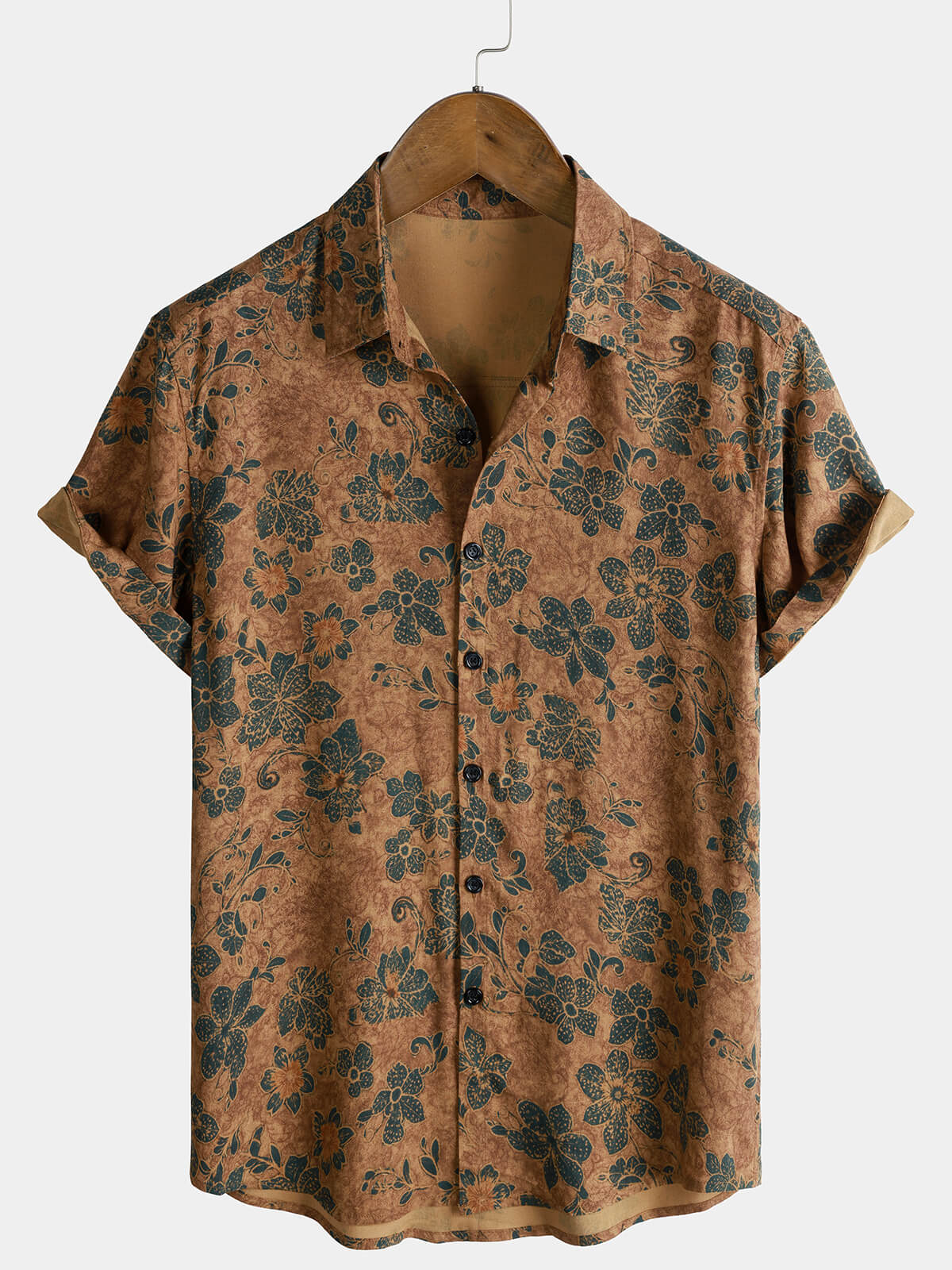 Herren Khakifarbenes Vintage Blumen Kurzarmhemd