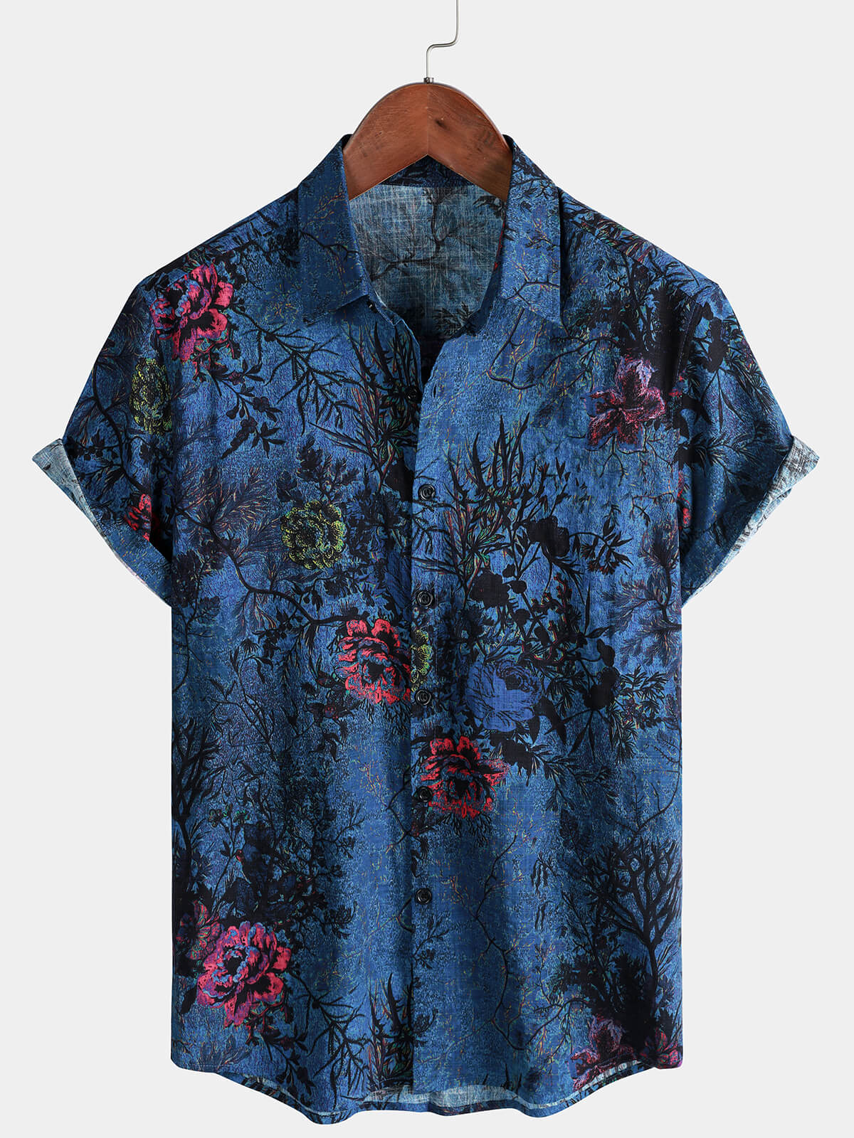 Herren Blaues Vintage Blumen Kurzarmhemd