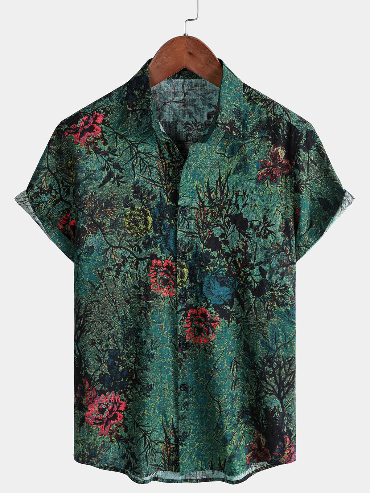 Herren Grünes Vintage Blumen Kurzarmhemd