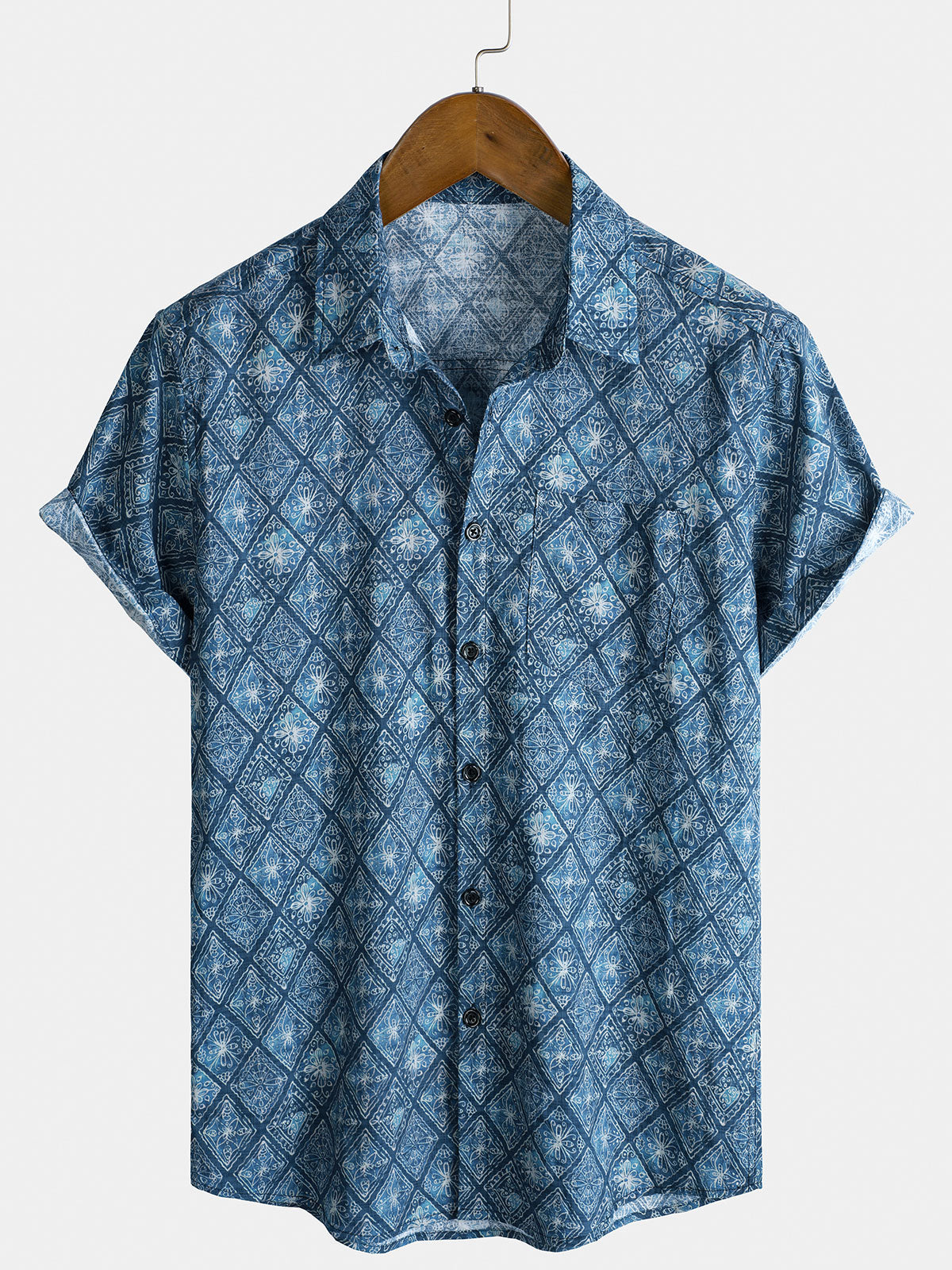 Herren Sommer-Kurzarmhemd mit Retro-Print Blau