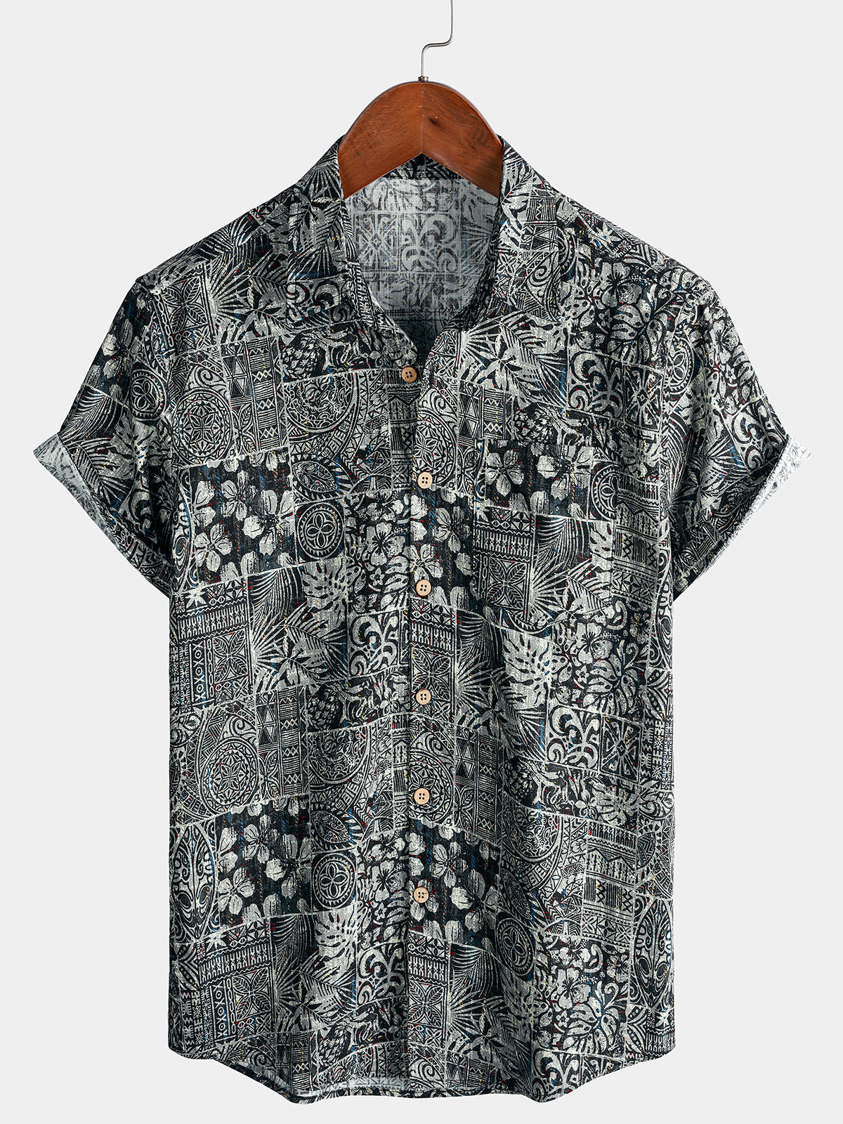 Herren Grafikmuster Boho-Sti 100% Baumwolle Freizeithemd