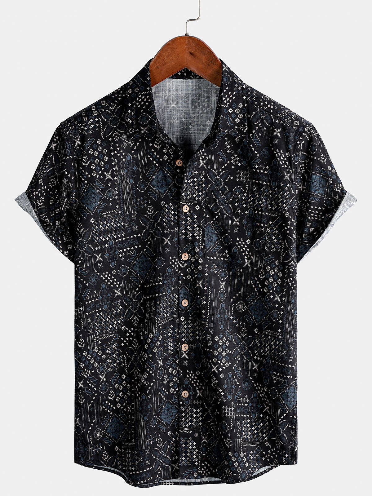 Herren Baumwolle Resort Vintage Sommer Kurzarmhemd Schwarz