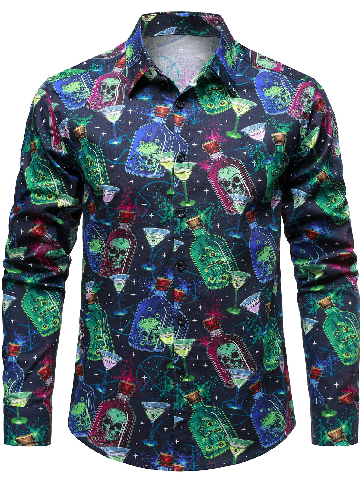 Herren Baumwolle Weinglas-Totenkopf-Print Langarmshirt