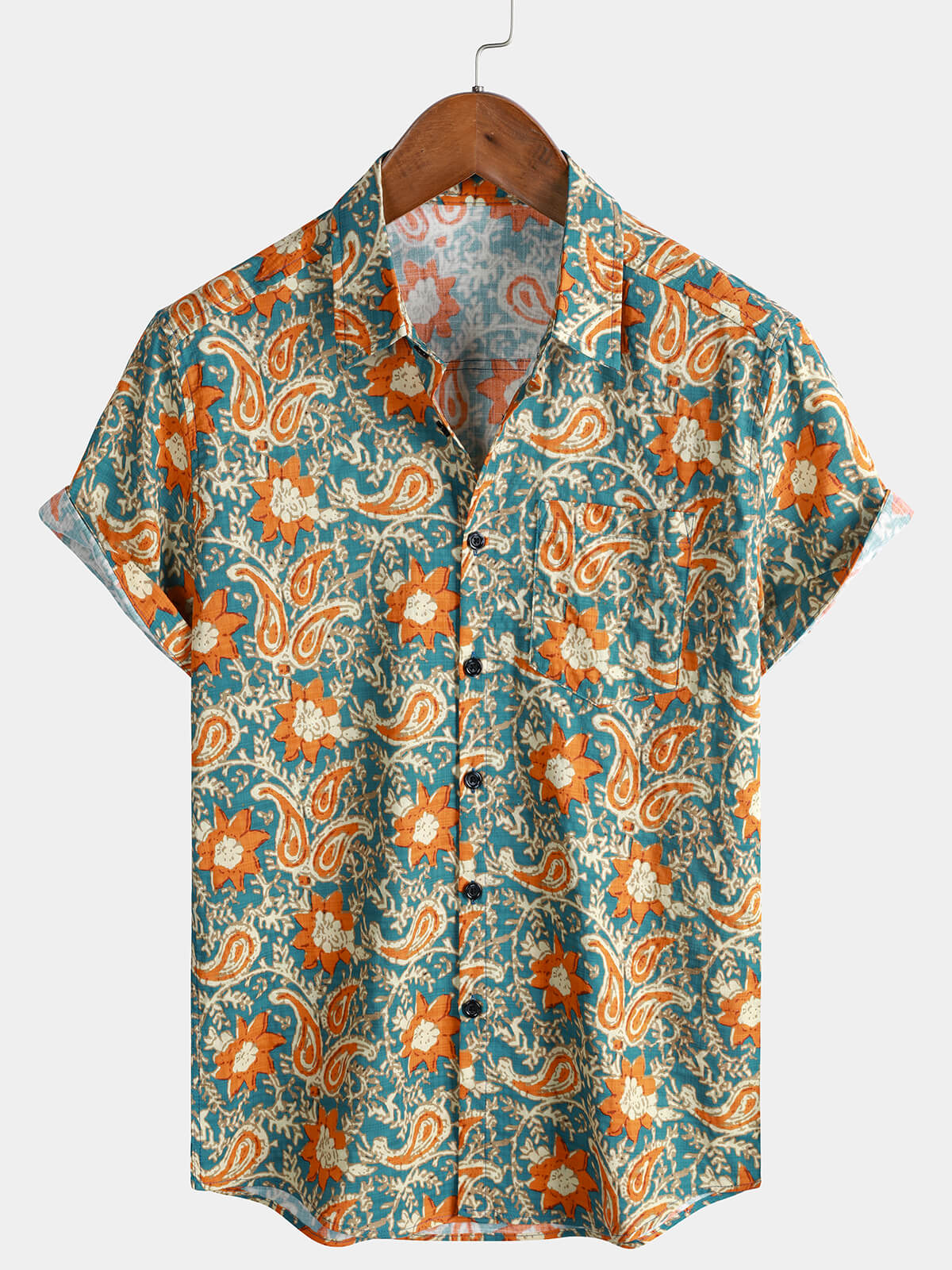 Herren Blauem Paisley-Blumenmuster Boho-Stil Kurzarmhemd