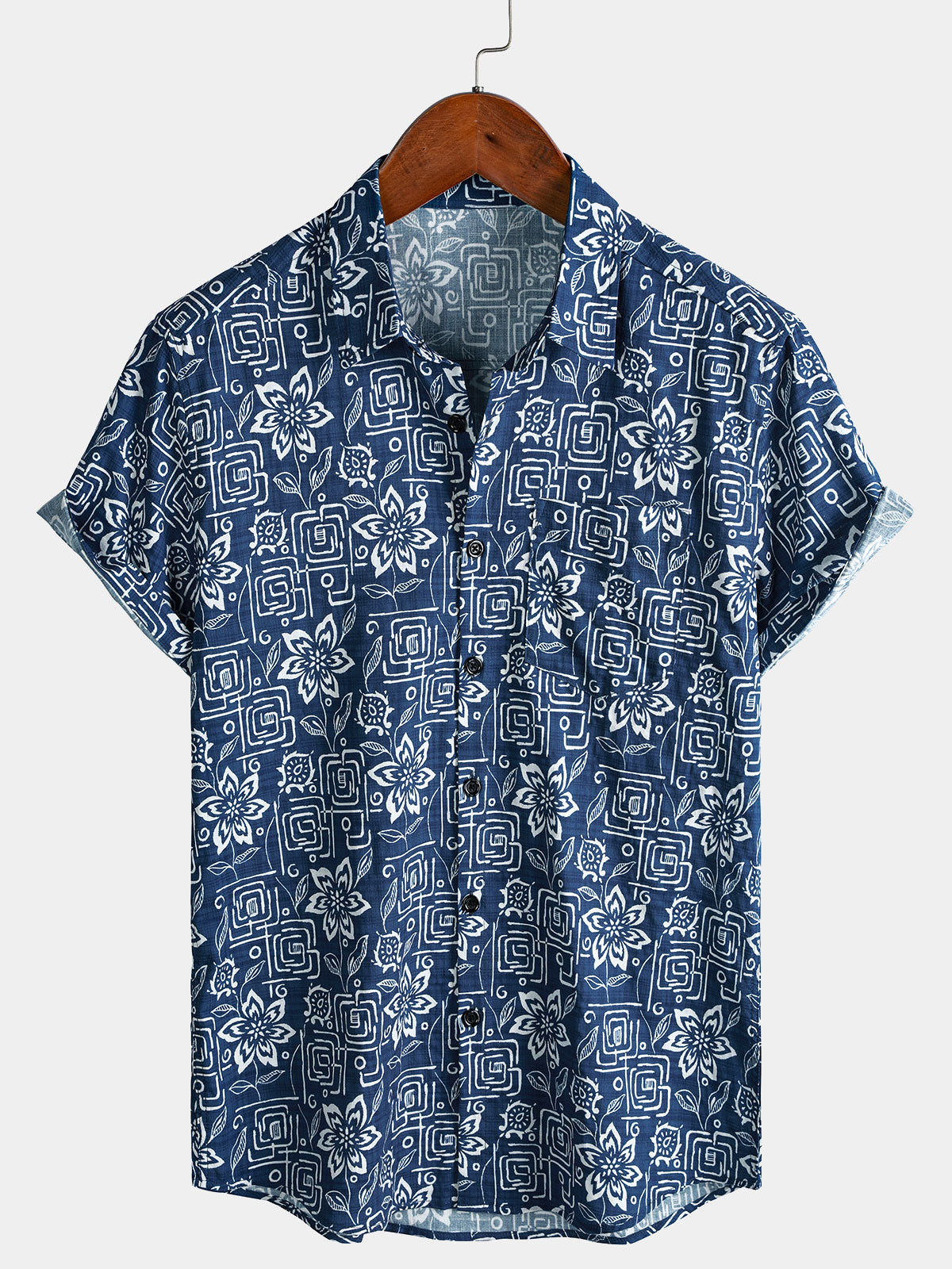 Herren Marineblaues Boho Blumen Kurzarmhemd