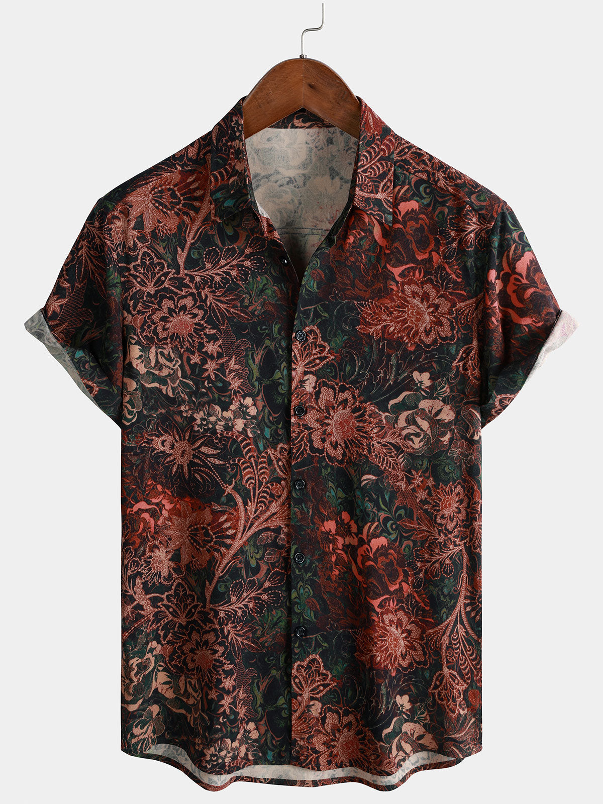 Herren Rot Retro-Blumenmuster Resorthemd mit kurzen Ärmeln