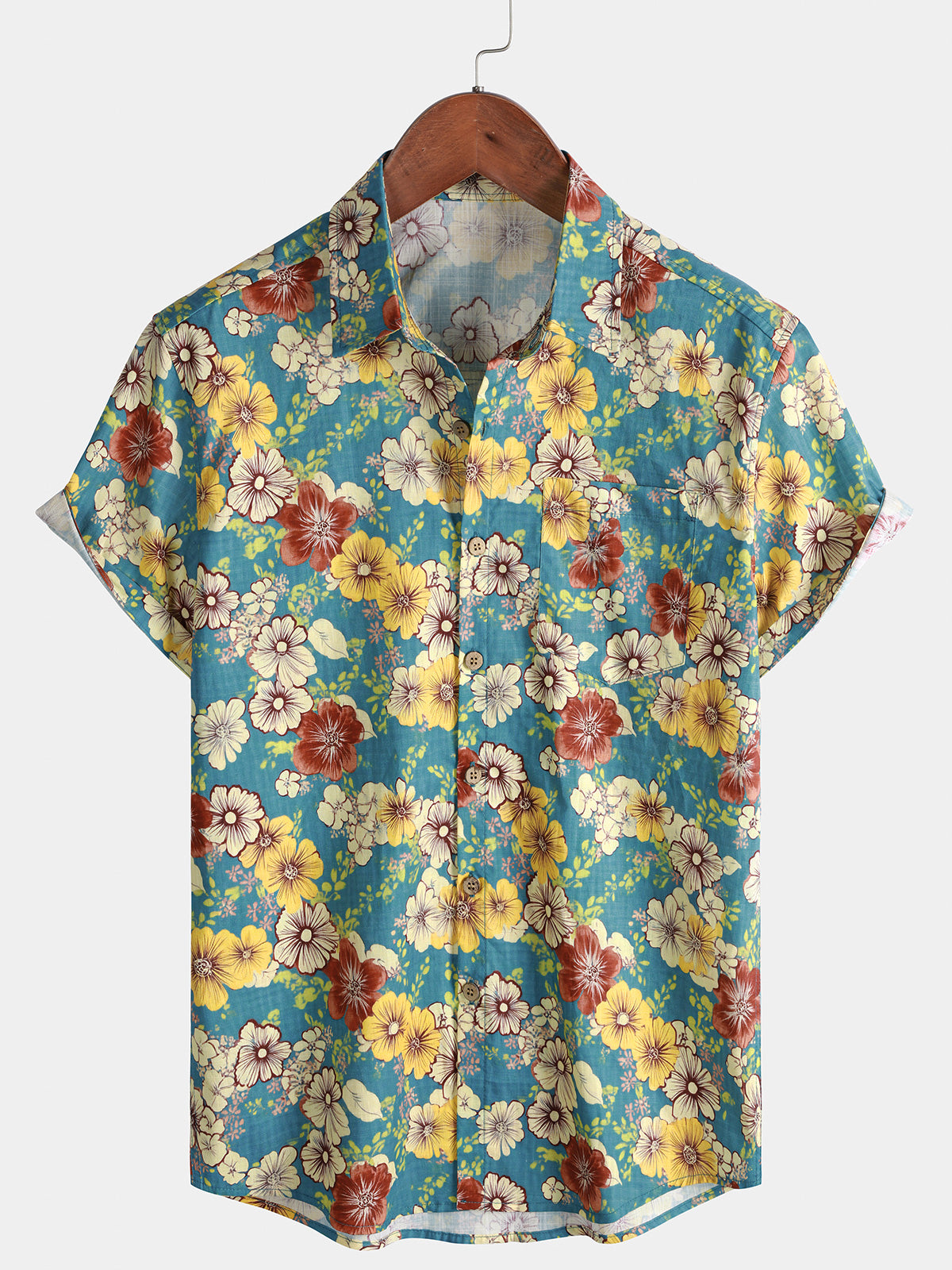 Herren Blau Blumen Vintage 100% Baumwolle Atmungsaktiv Kurzarmhemd