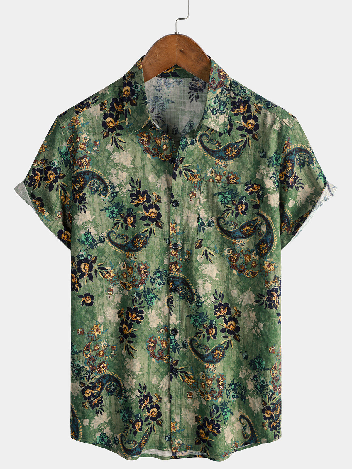 Herren Grünes Vintage Paisley Blumen Kurzarmhemd