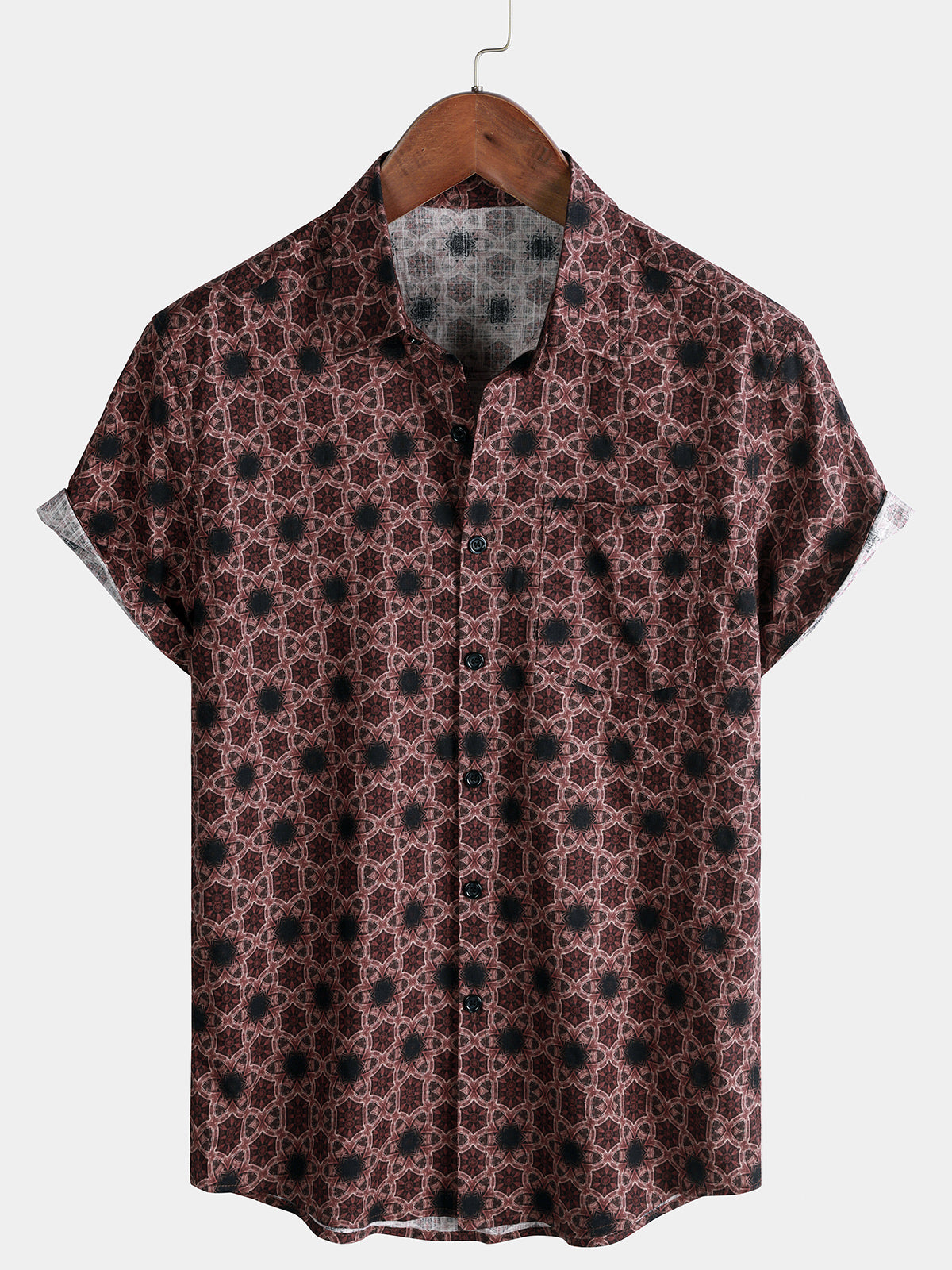 Herren Vintage Weinrot Geometrisches Freizeithemd Kurzarmhemd
