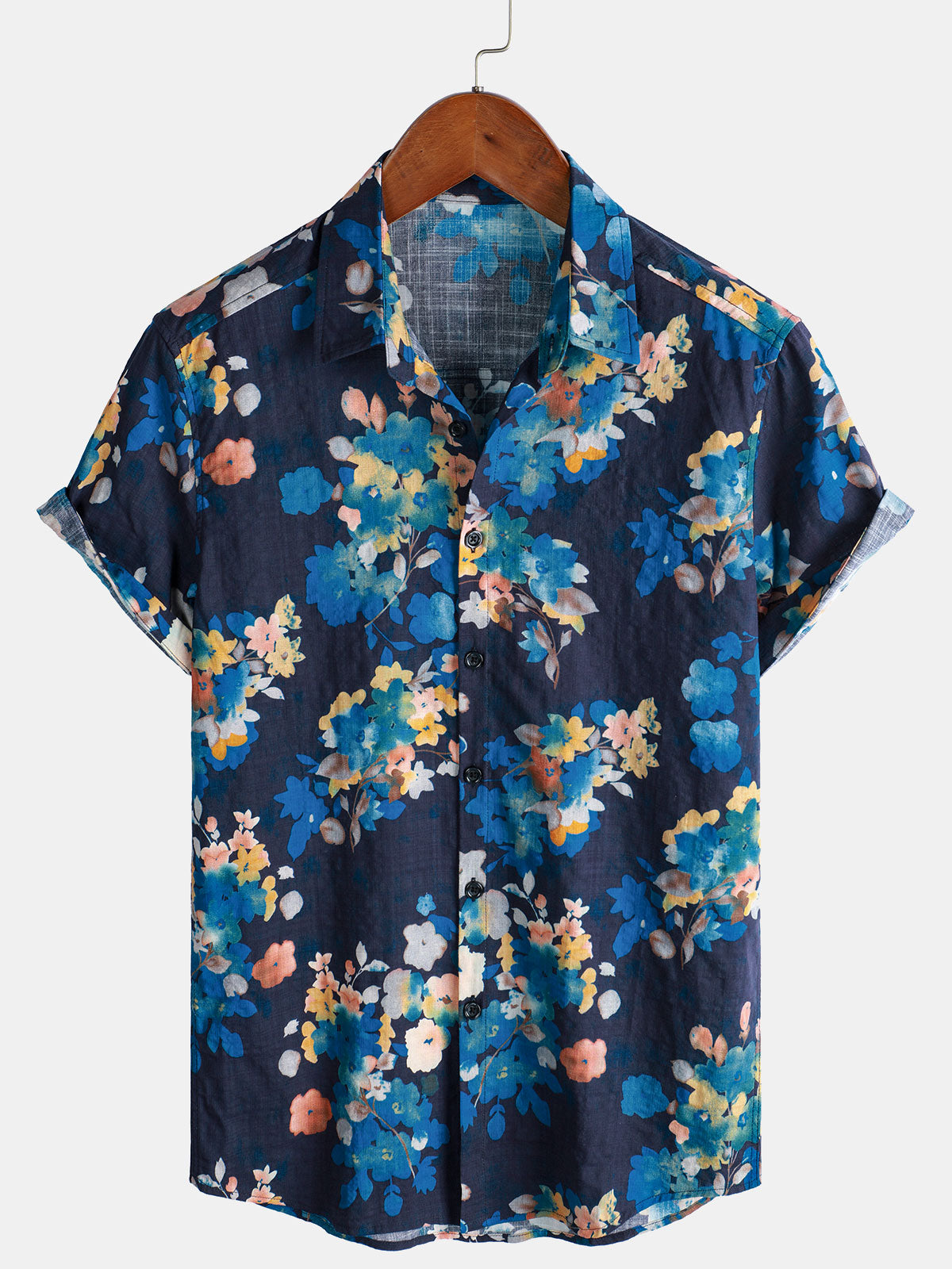 Herren Blumenmuster Blau Baumwollhemd