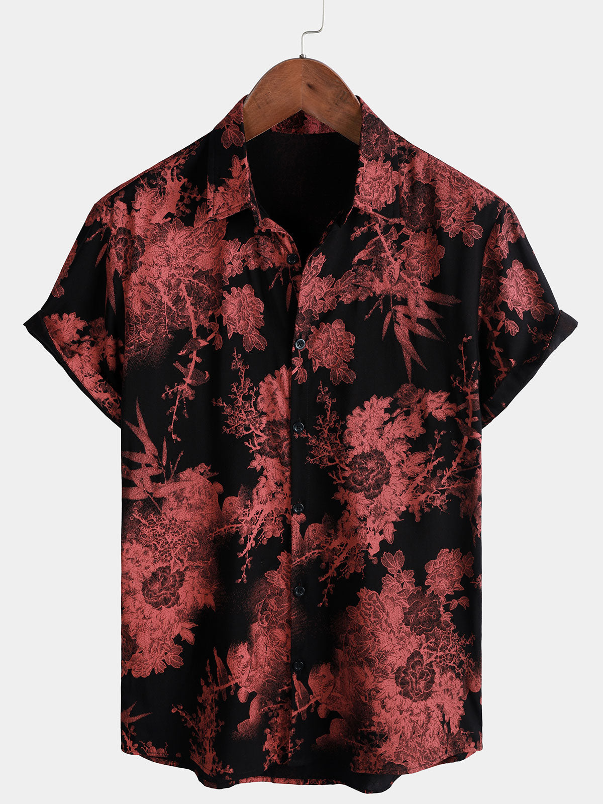 Herren Retro-Blumenmuster und Knöpfen Rot Schwarz Hemd