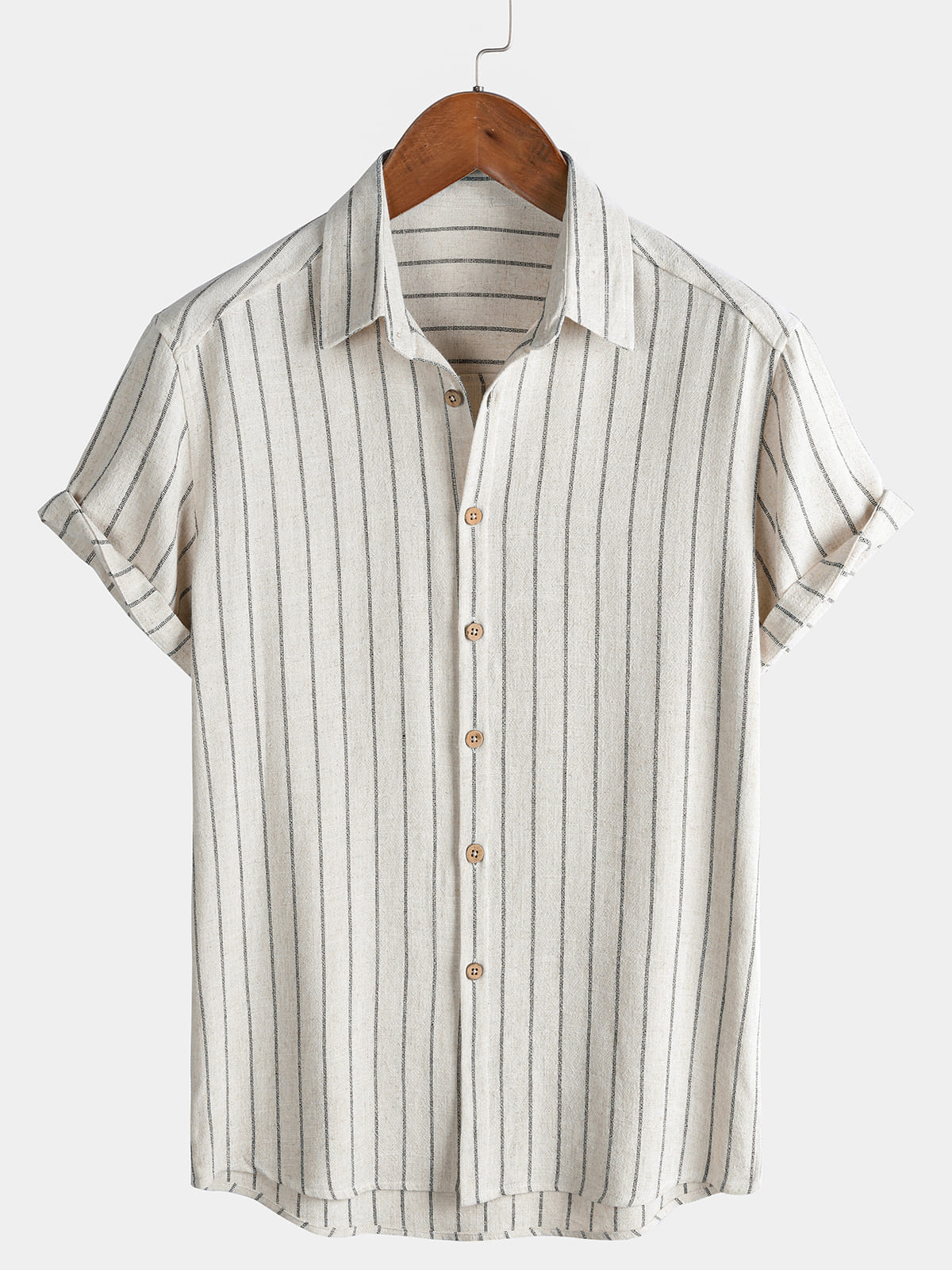 Herren Beige Gestreiftes Leinen Baumwolle Kurzarmhemd