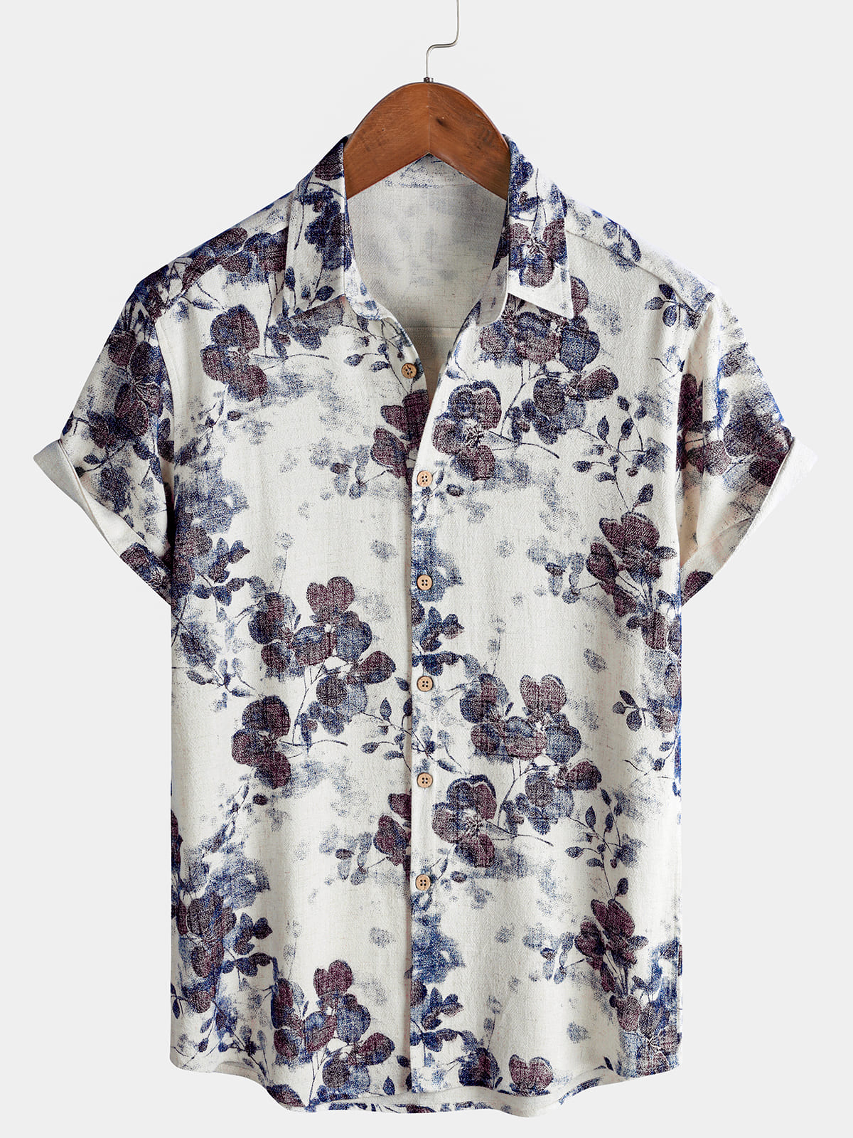 Herren Leinen-Baumwolle Kurzen Ärmeln Botanischem Print Sommerhemd