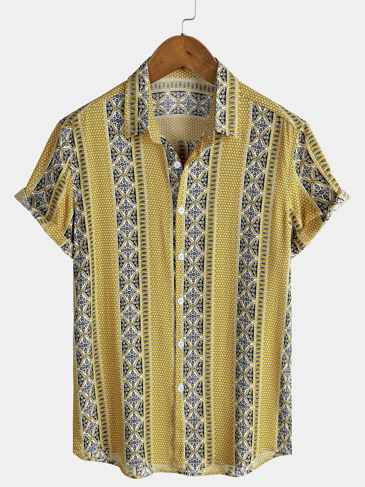 Herren Vintage-Stil kurzärmelig Gestreift Freizeithemd Gelb