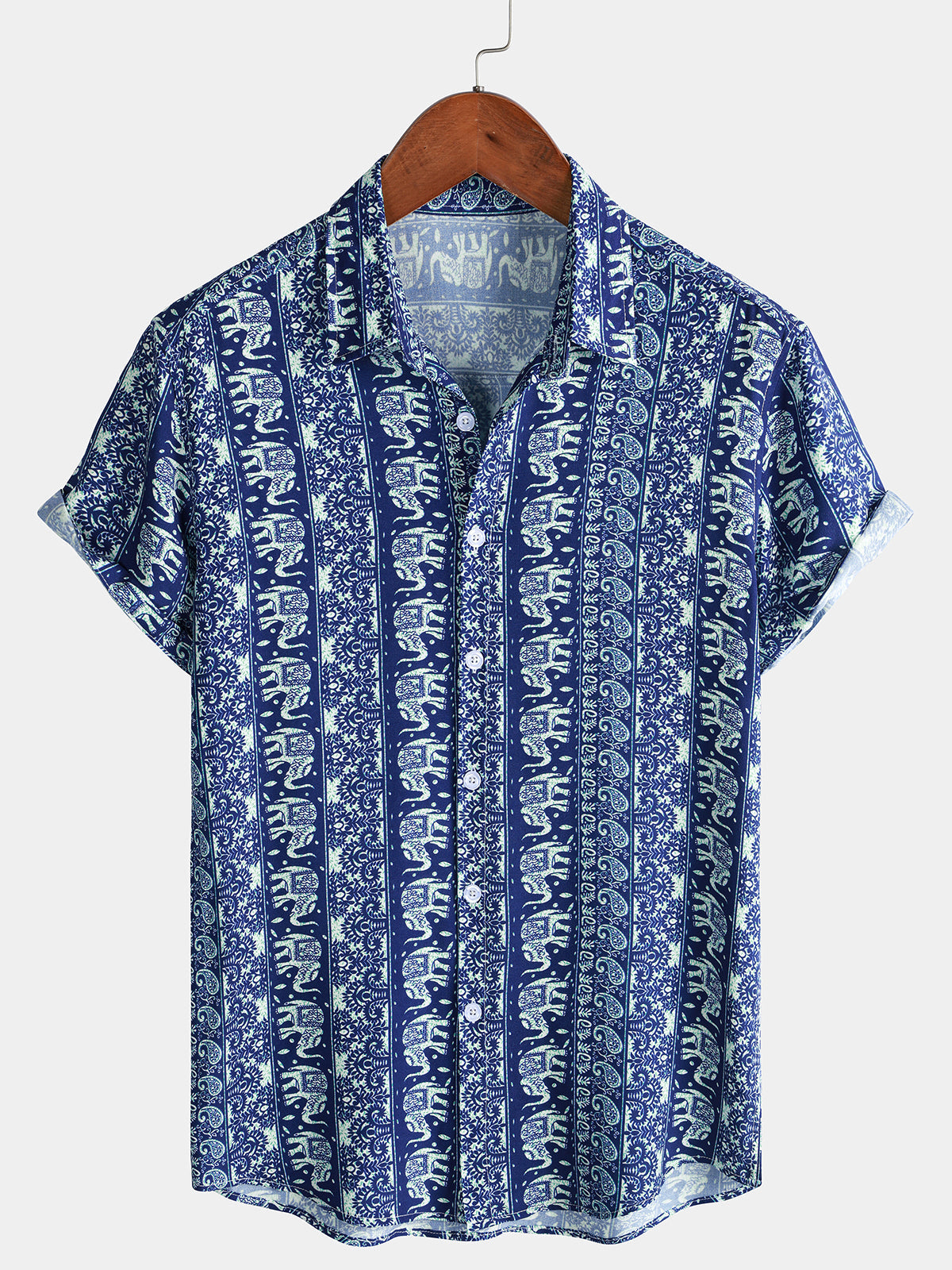 Herren Retro Gestreift Elefanten-Print Kurzarmhemd Blau