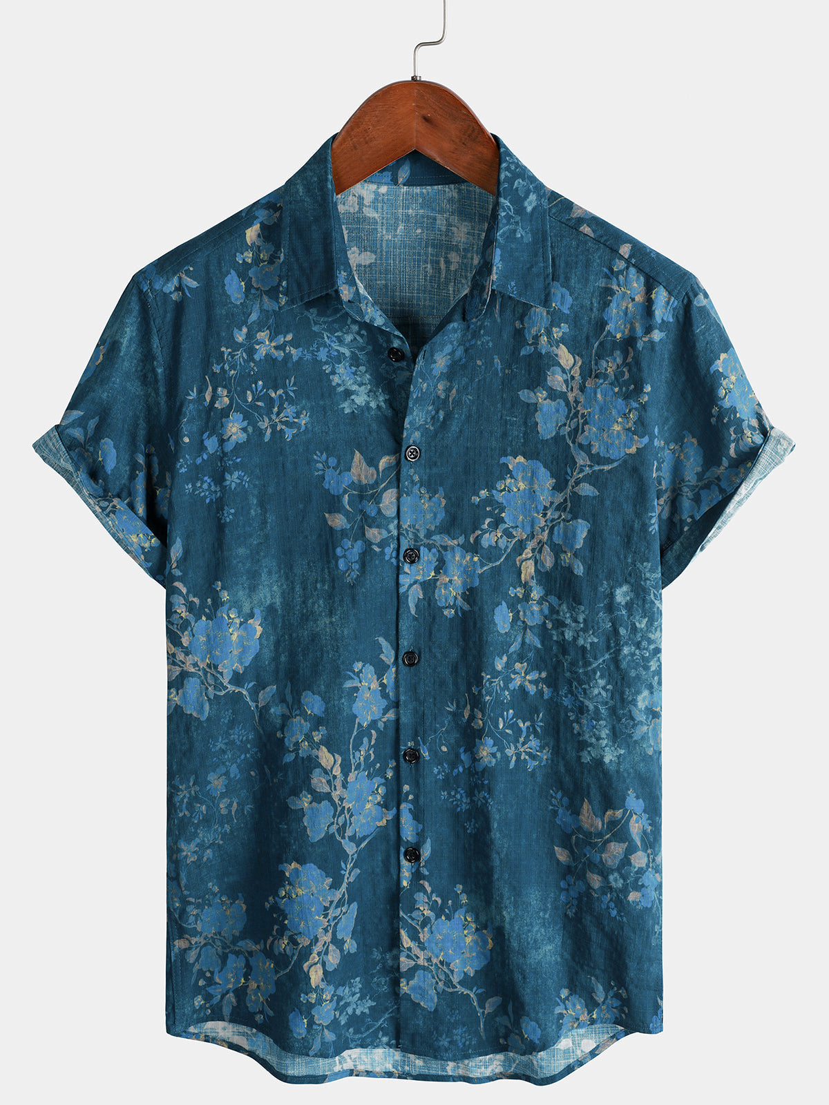 Herren Blaues Aquarell Blumen Kurzarmhemd