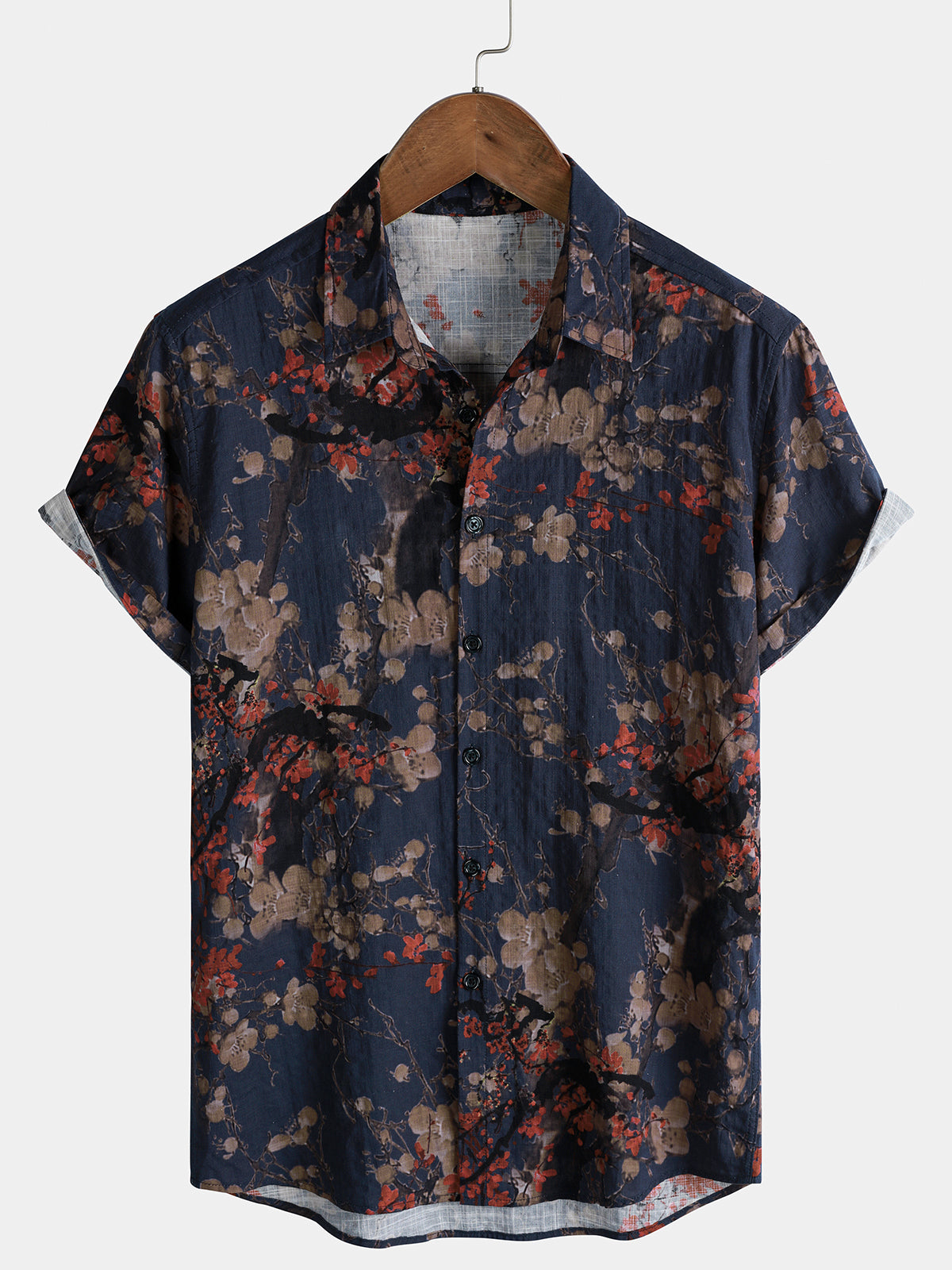 Herren Kurzen Ärmeln Blumenmuster Marineblau Freizeithemd