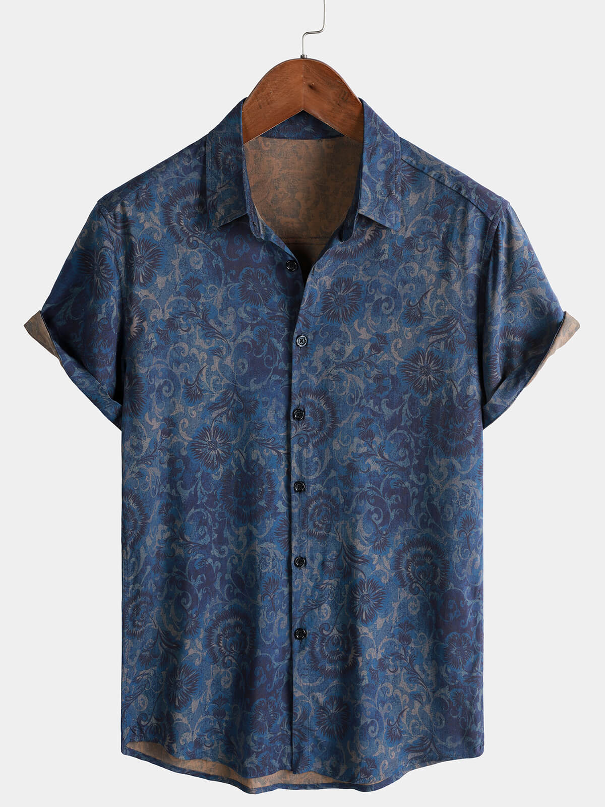 Herren Marineblaues Vintage Blumen Kurzarmhemd