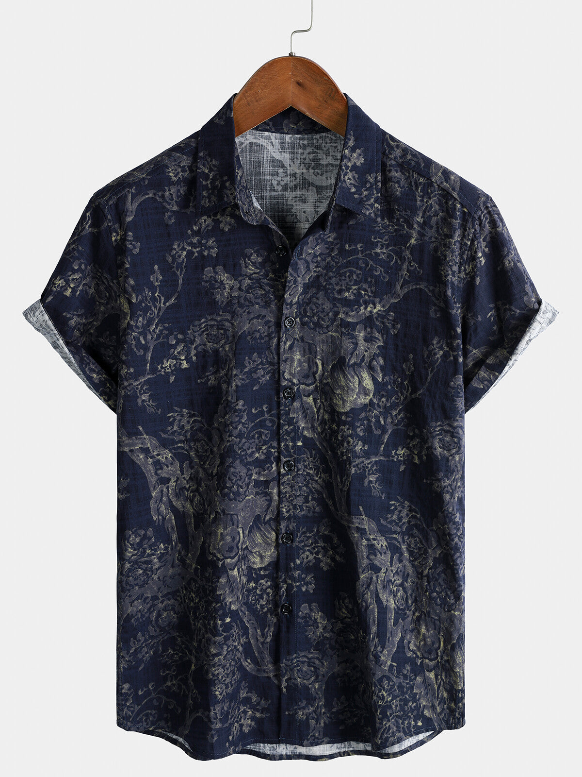 Herren Vintage Botanik Muster Kurzen Ärmeln Freizeithemd Marineblau