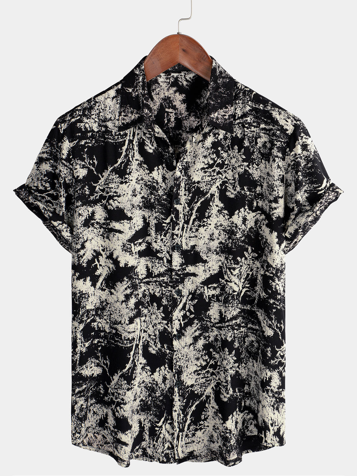 Herren Kurzärmliges Hemd mit Blumenmuster Schwarz