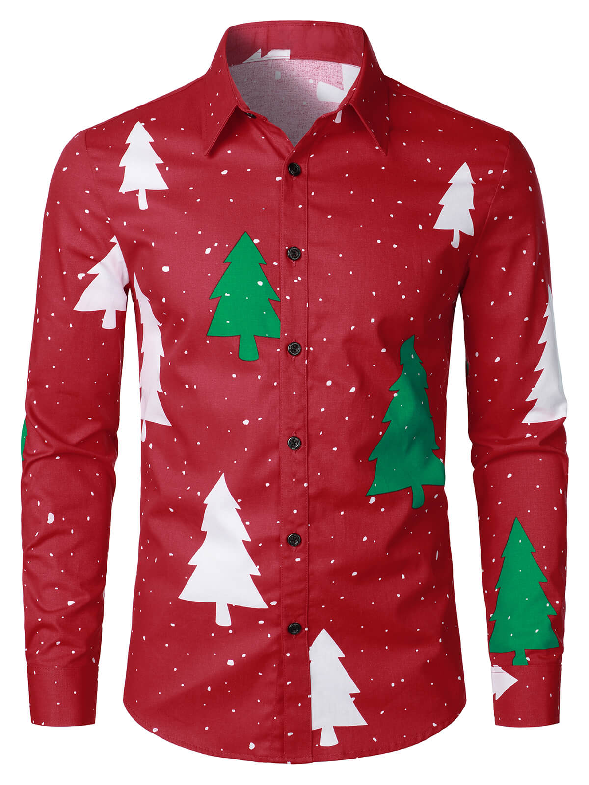 Herren rotes Weihnachts Hemd mit Druck von Weihnachtsbaum und Schnee im Button-Up-Stil und langen Ärmeln