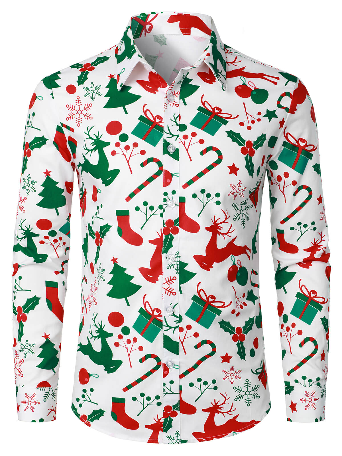 Herren Langarmshirt mit Druck von Weihnachtsbaum und Geschenkornamenten im Button-Up-Stil
